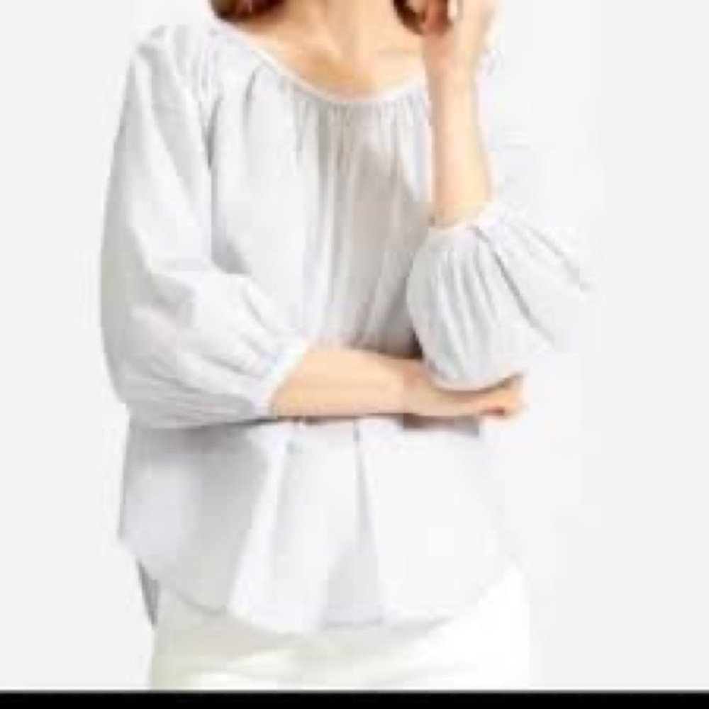 Everlane | Ruched Air Blouse | White w/ Navy Pinstripe | 16 🕥